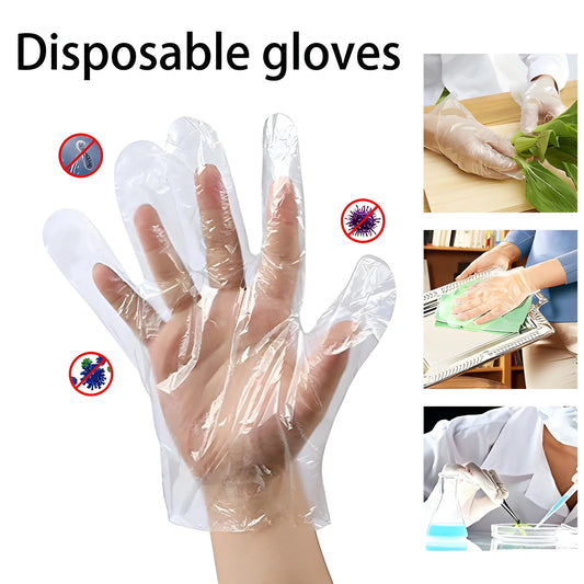 Clear disposable plastic gloves on hand