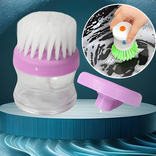 Plastic wash basin brush cleaner with liquid dispenser, purple base and white bristles