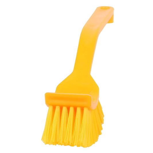 Yellow plastic toilet seat cleaning brush with angled bristle head