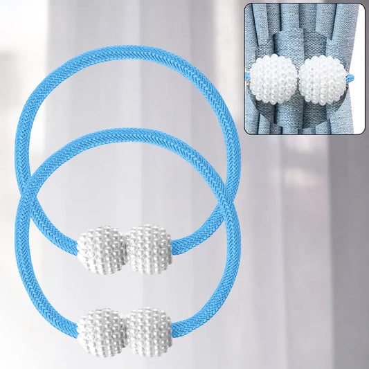 Magnetic curtain tiebacks with blue braided cords and white bead magnets