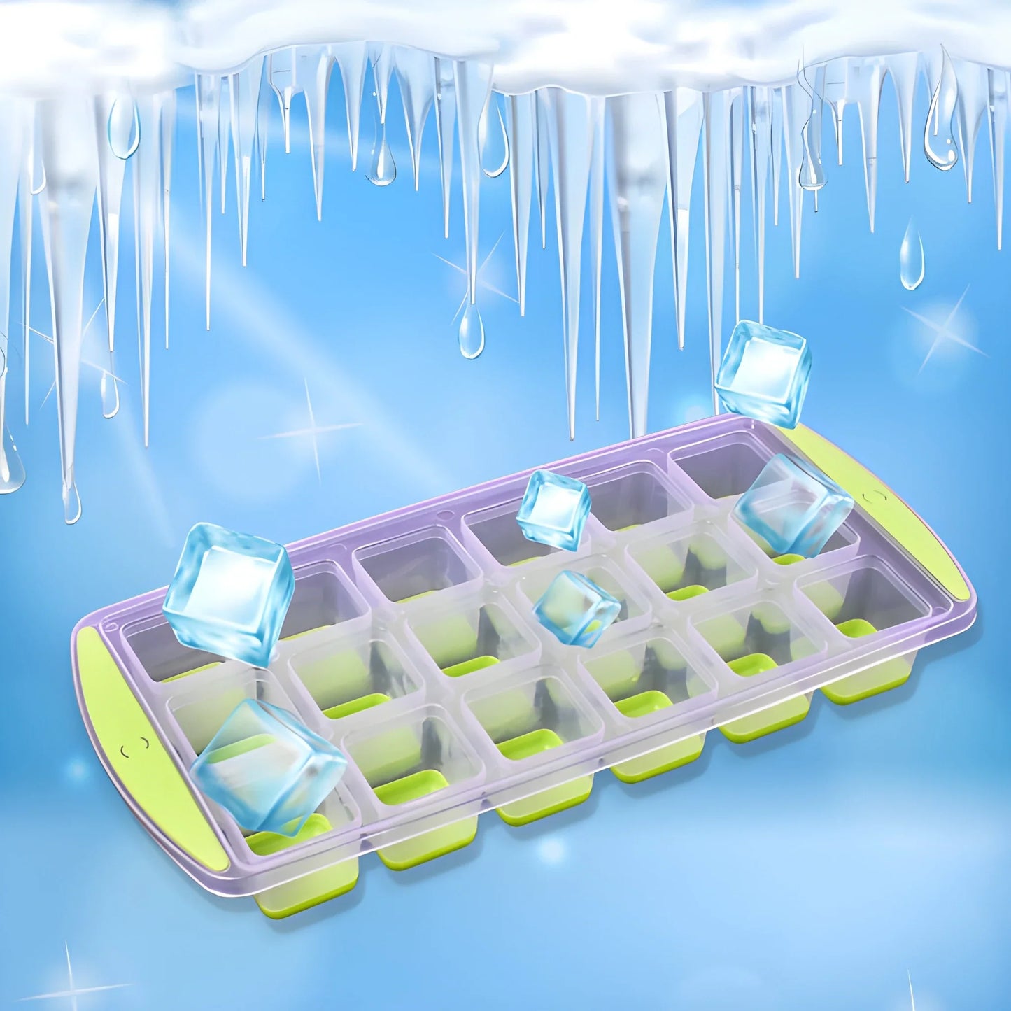Pop-Up silicone ice tray with hinged pops and ice cubes, purple and green.