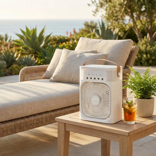 Portable air cooler with LED lights, white unit with front fan grille on a table