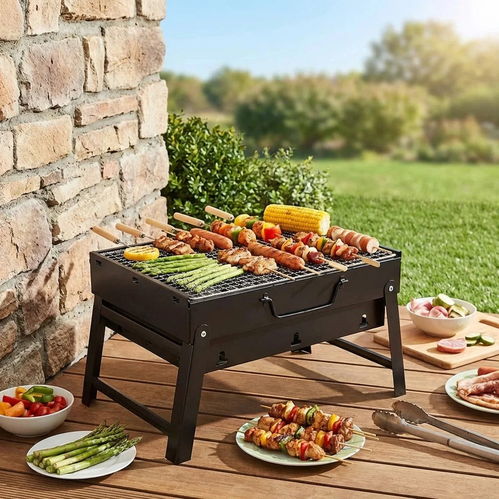 Portable carry handle grill with black metal mesh cooking grate and legs