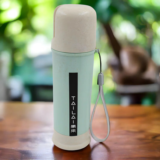 Portable coffee water bottle with lid and wrist strap, light green and white