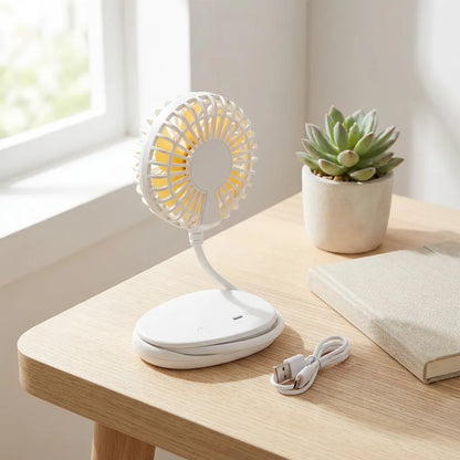 White USB fan with circular grille on desk base, with USB cable accessory
