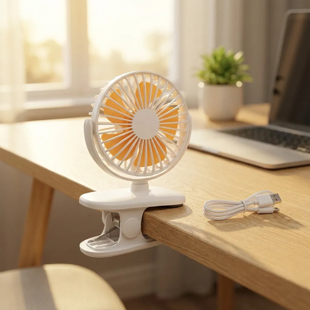 White USB tabletop fan with tilt stand and visible power cable