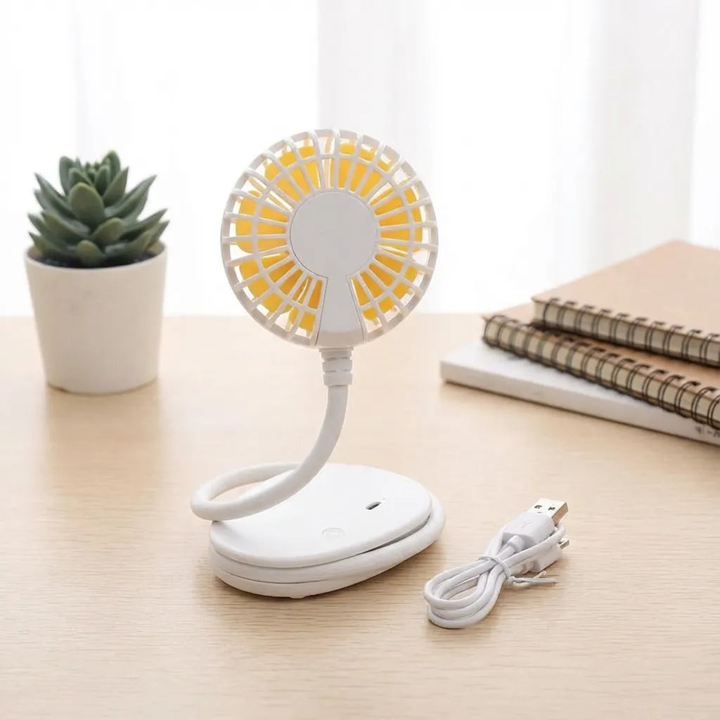 White portable USB fan on base with attached power cord