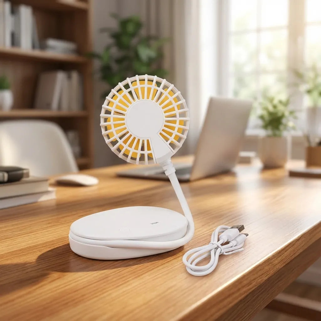 White portable USB fan with circular grille on a desk stand and USB cable