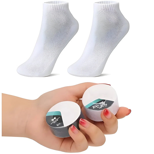 White compression travel ankle socks with breathable knit pattern, pair