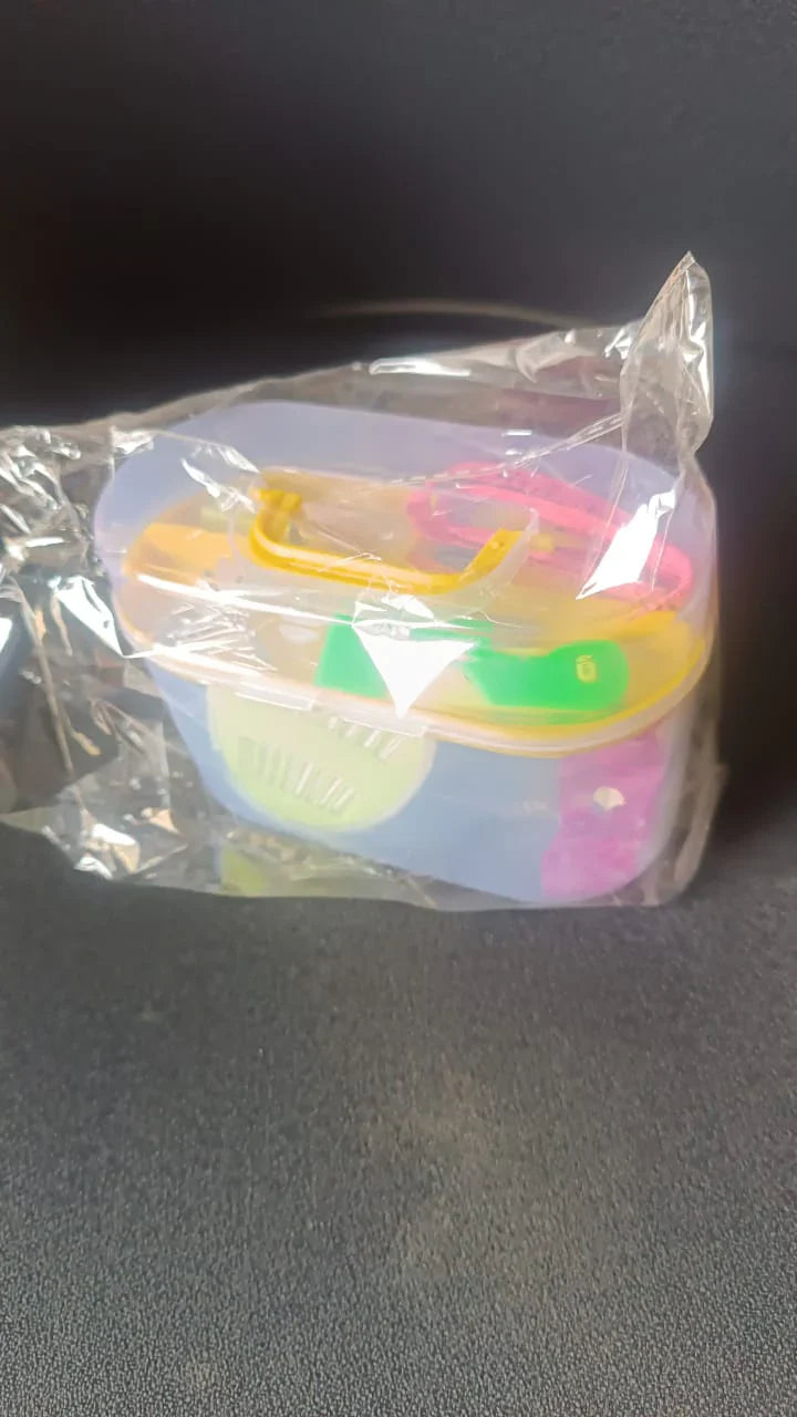 Portable double-layer sewing kit with colorful plastic tools and scissors in clear pouch