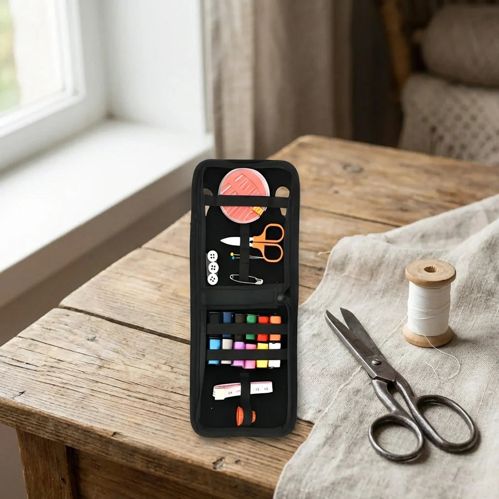 Portable emergency sewing kit with open black case, colorful thread, scissors, and spool