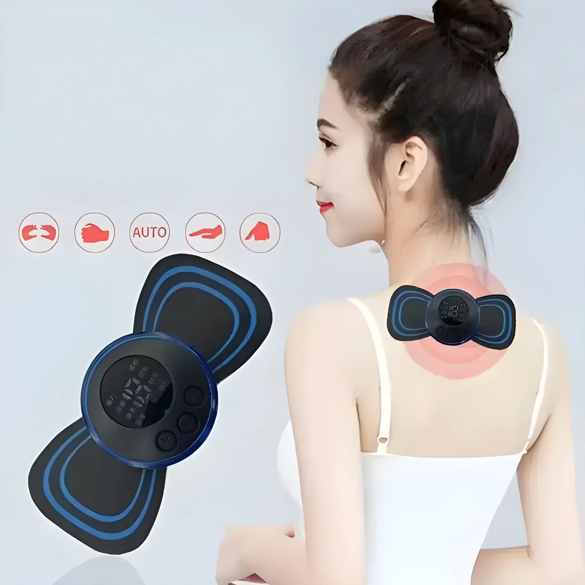 EMS neck massager device with blue pads and circular control unit, worn on neck