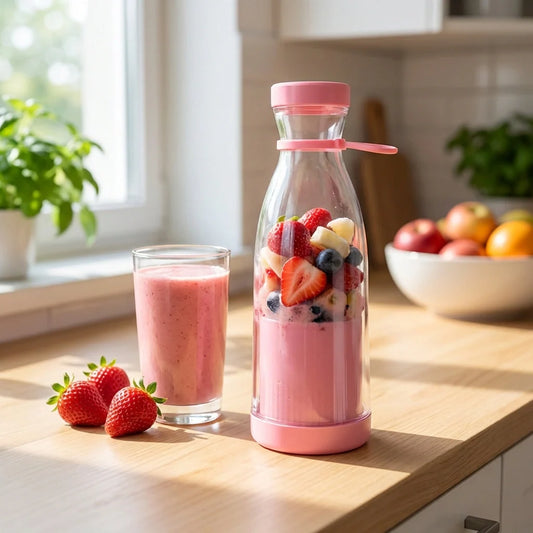 Portable juicer blender bottle, pink with red lid; filled smoothie and glass cup.