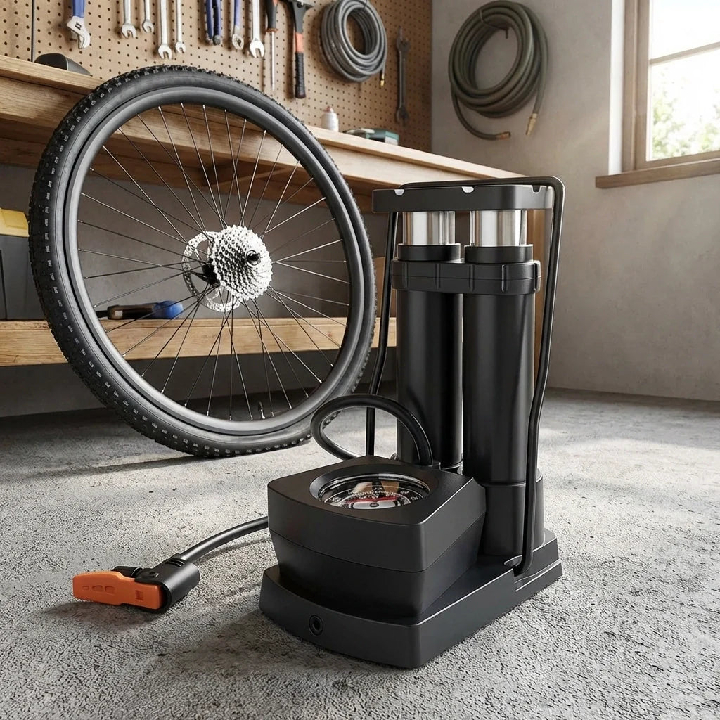 Portable mini bike pump with pressure gauge and base, black