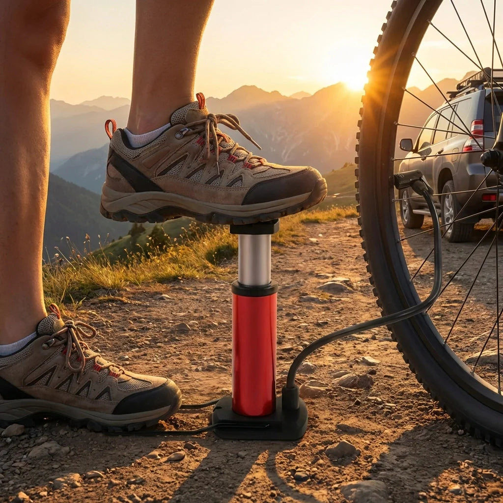 Portable mini foot pump with red cylinder and black base, beside bicycle wheel