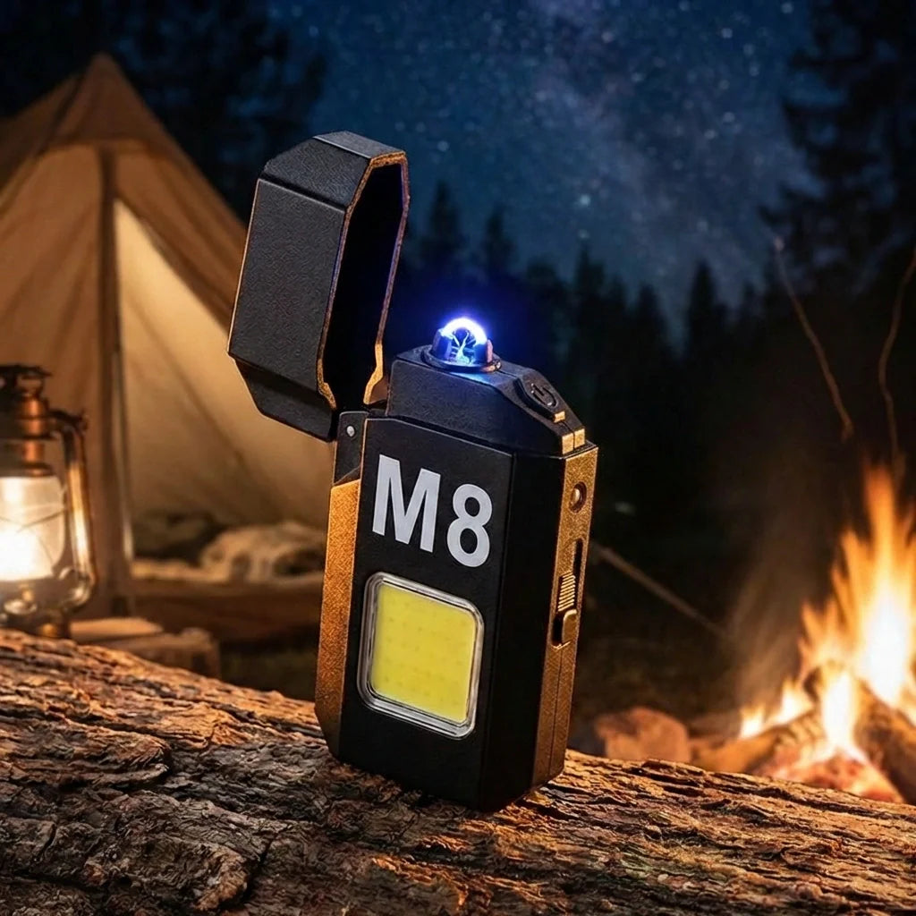 Portable mini lighter close-up: black M8 front, open lid flame above square LED