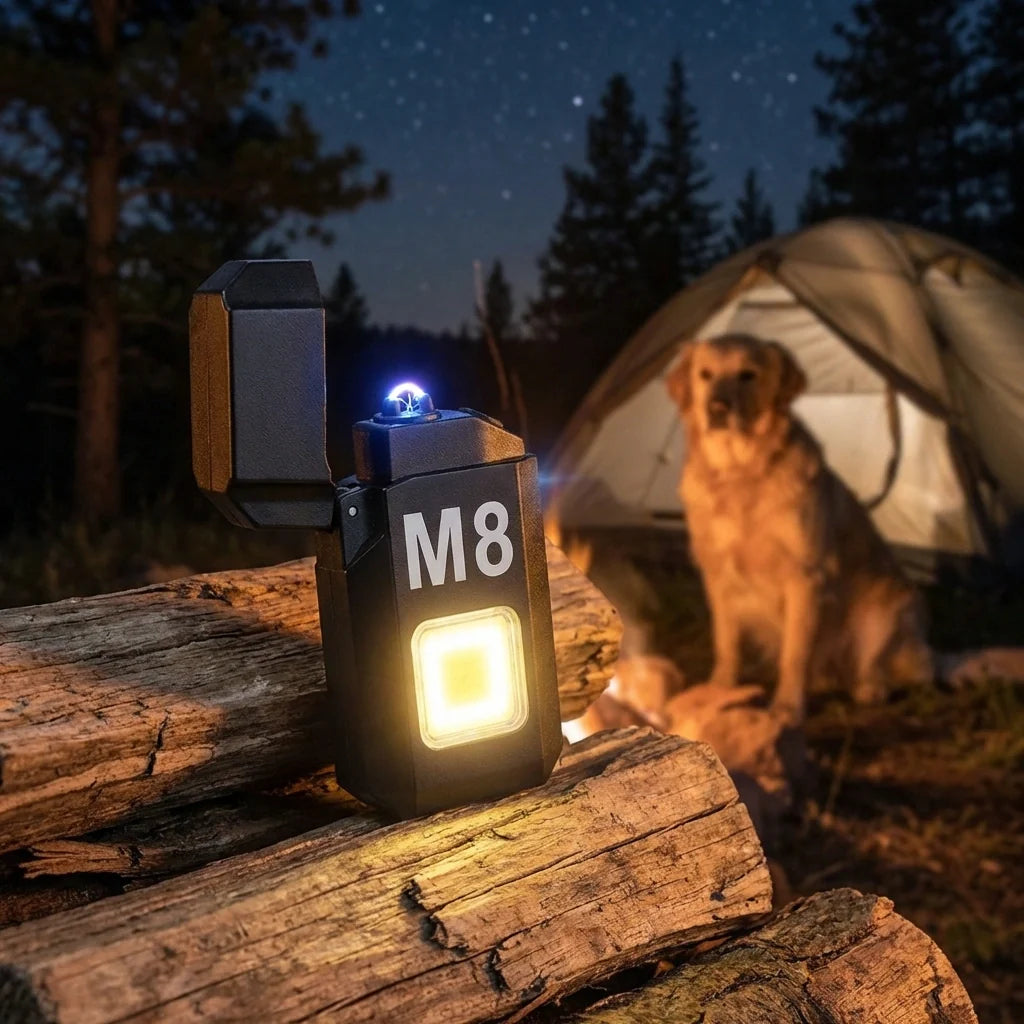 Portable mini lighter with black “M8” marking, open lid flame and square LED glow