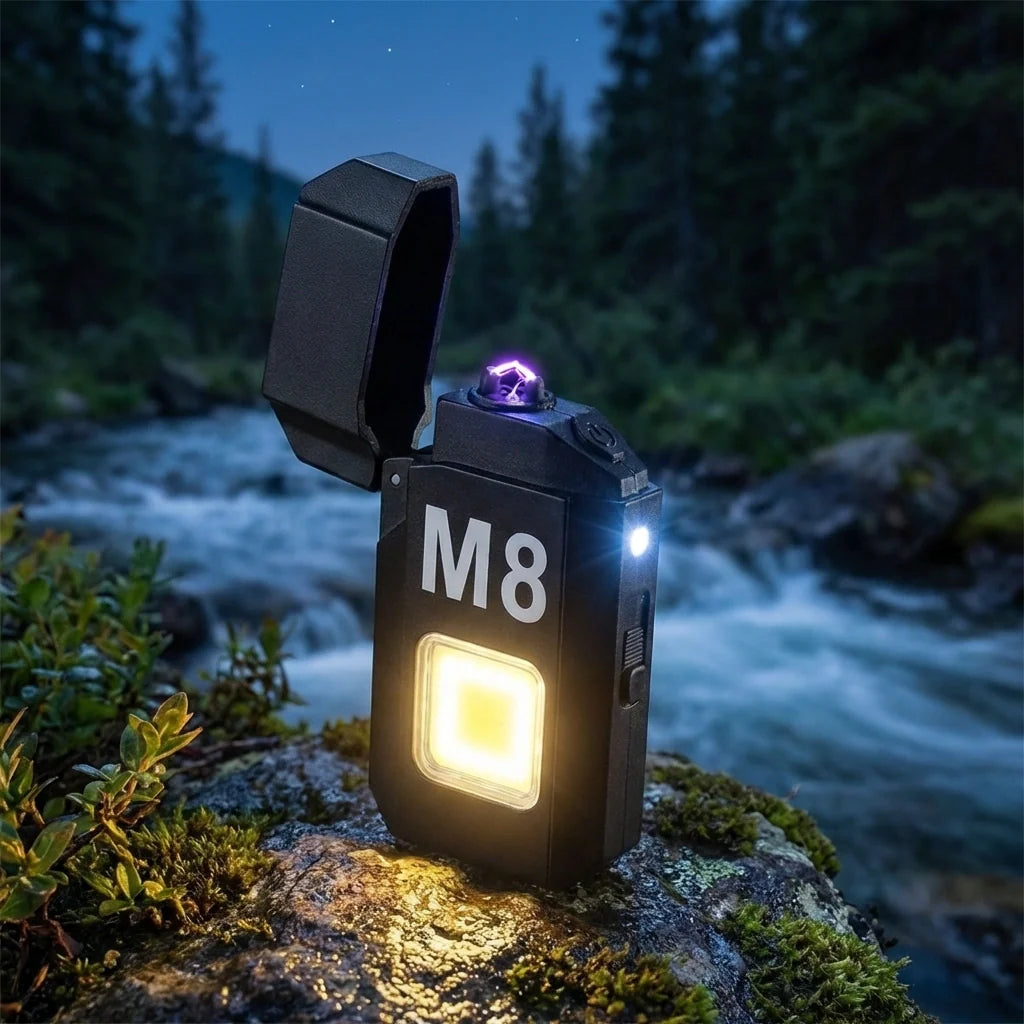 Portable mini lighter, black M8 front with lit square LED and blue flame visible