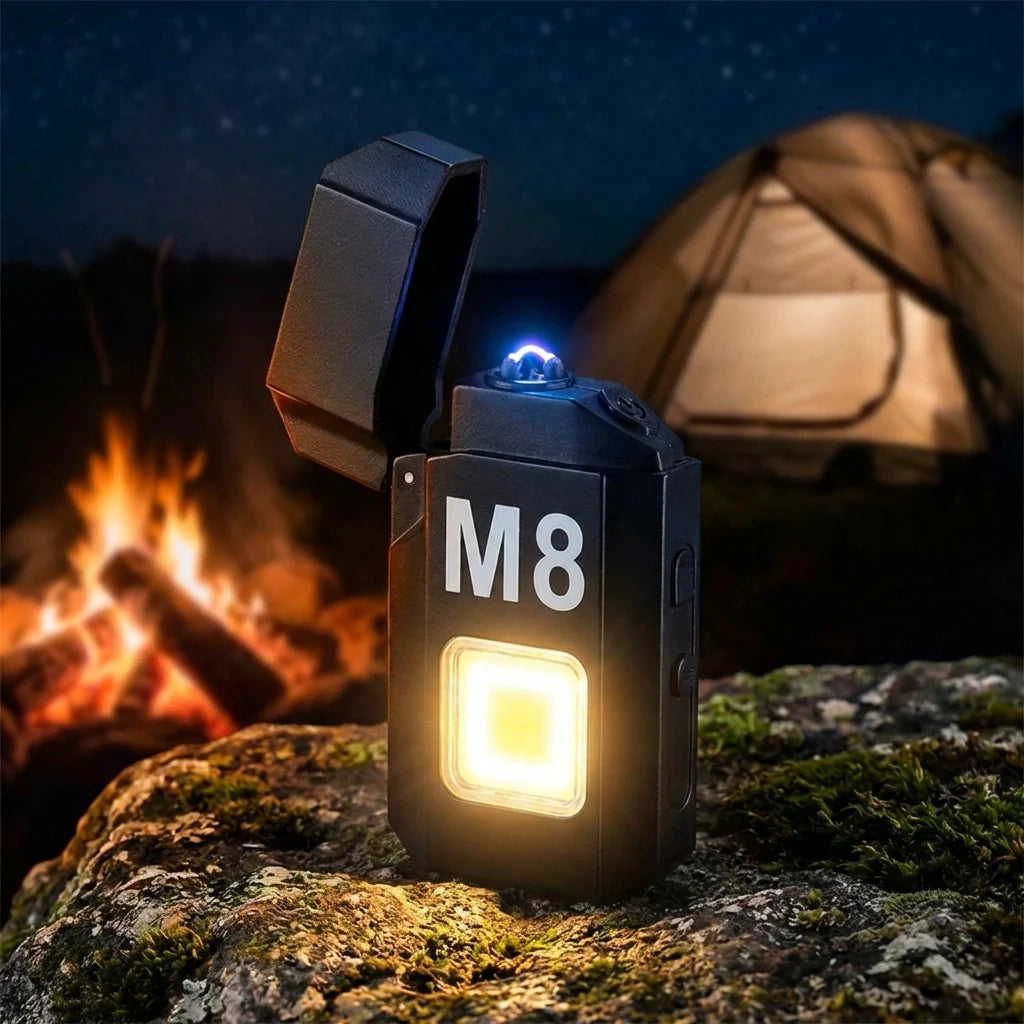 Portable mini lighter with black “M8” body and lit square LED, open top flame