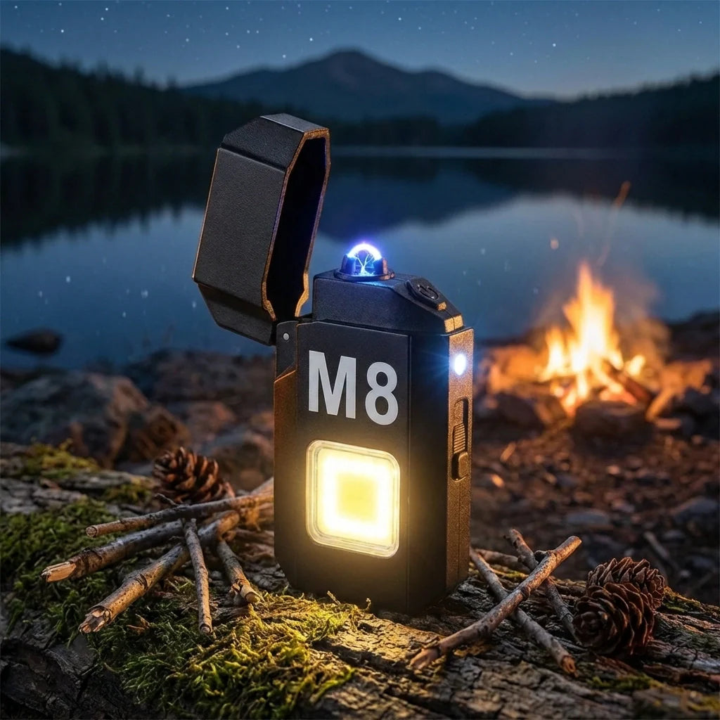 Portable mini lighter with black M8 label, open lid showing flame and bright LED
