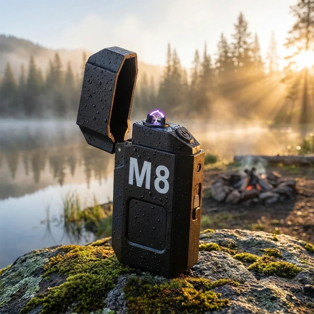 Portable mini lighter in black with “M8” front panel, open lid with small flame