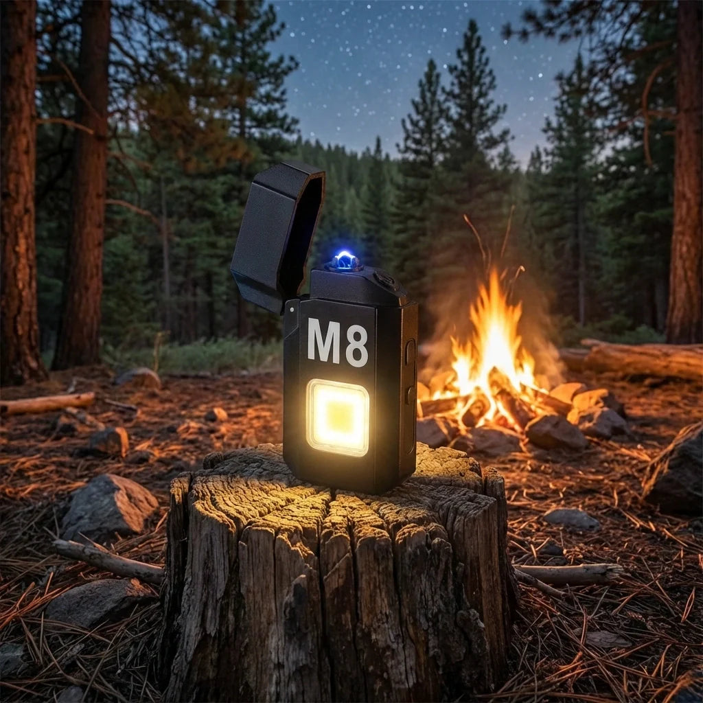 Portable mini lighter standing upright, black M8 front with glowing square LED