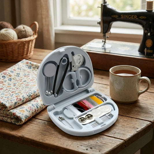 Portable plastic sewing kit case open with scissors, needles, thread, and measuring tape