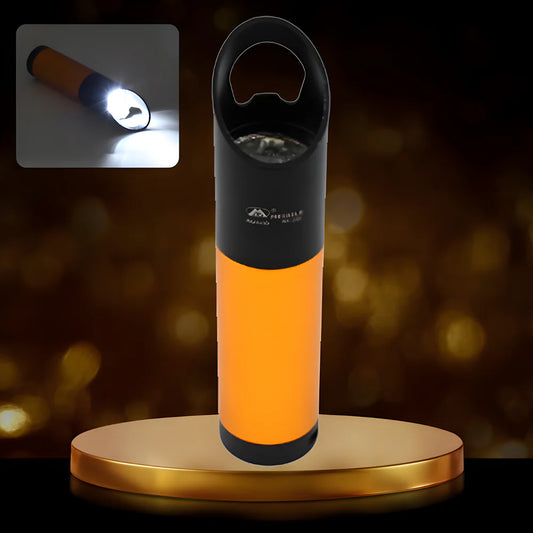 Portable LED torch with black head and orange body, lit beam at front