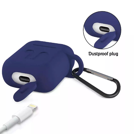 Dark blue silicone wireless earbud protective case with dustproof plug and clip loop