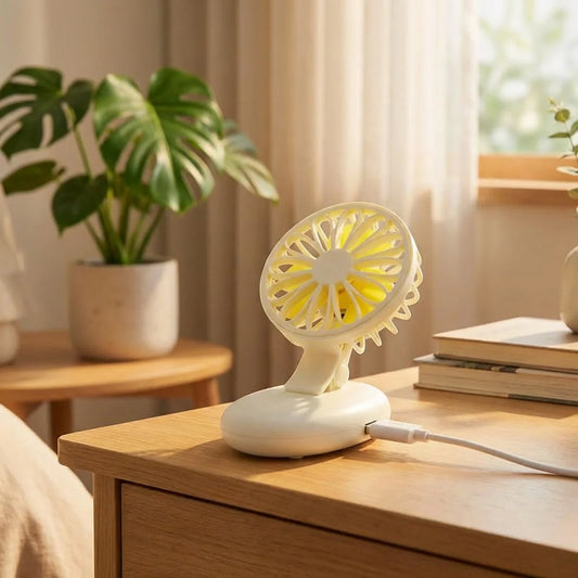White portable rechargeable mini fan with round grille and tilt base