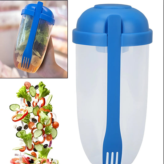 Portable salad shaker cup with blue lid and blending handle, white body