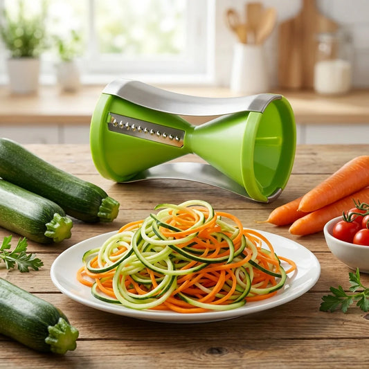 Green portable spiralizer vegetable slicer with blade, cutting zucchini and carrot spirals