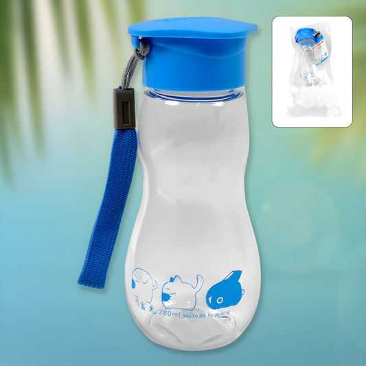 Transparent portable water bottle with blue lid and carrying strap, cute blue icon