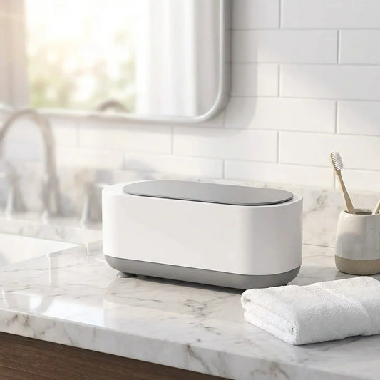 Portable ultrasonic cleaner base unit, white, with lid and control side