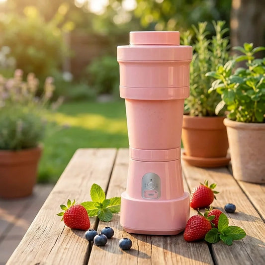 Pink portable USB blender bottle with lid and blending base