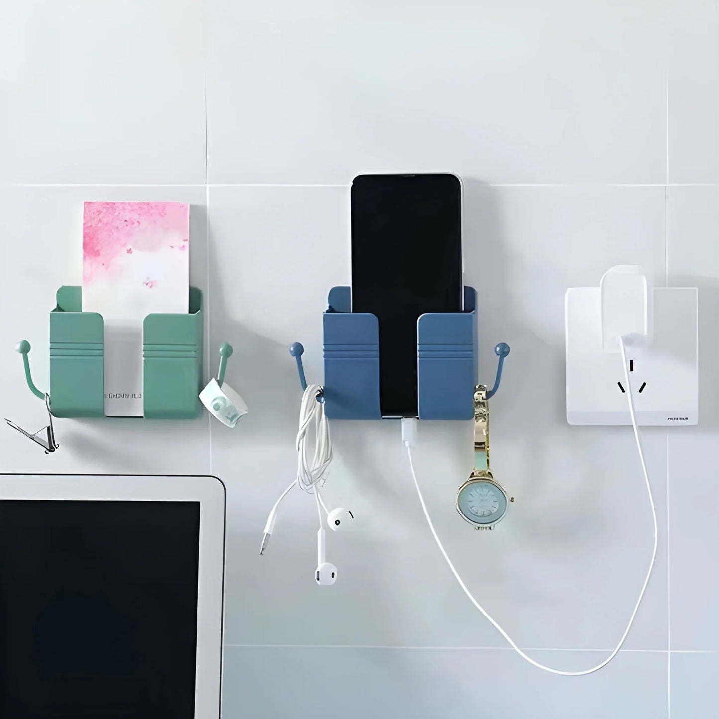 Portable wall hook with blue backing and two rows of metal pegs for cords