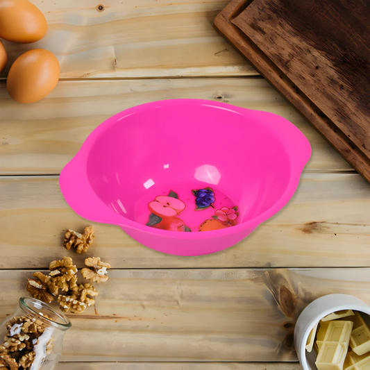 Pink portion-sized plastic bowl with glossy finish