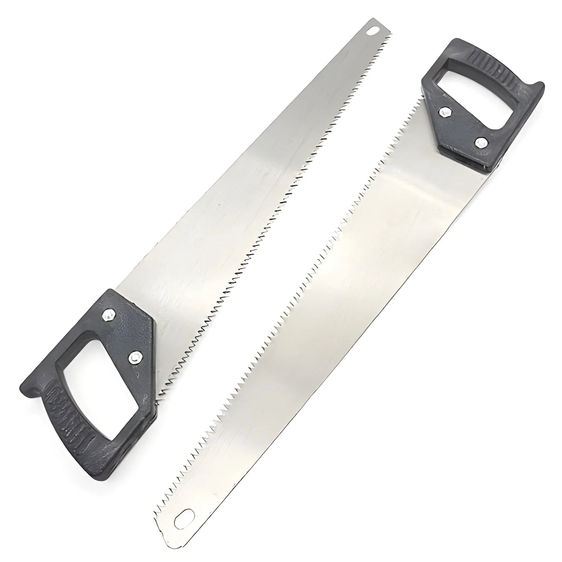 Hand saw with hardened steel blades, two cutting edges, black grip handles