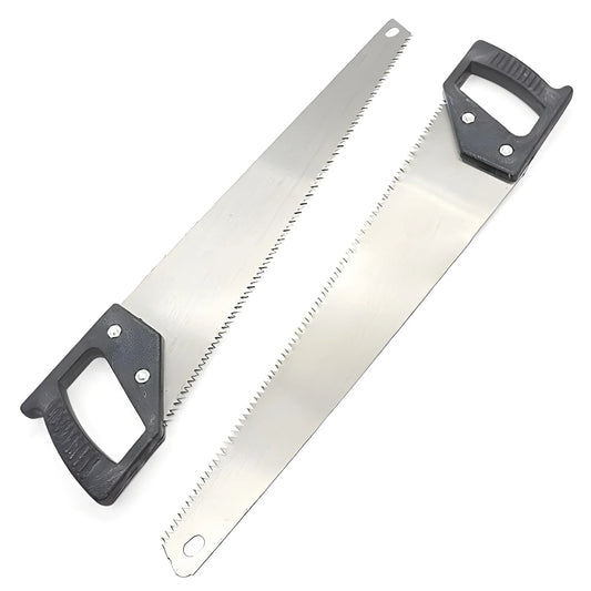 Hand saw with hardened steel blades, two cutting edges, black grip handles