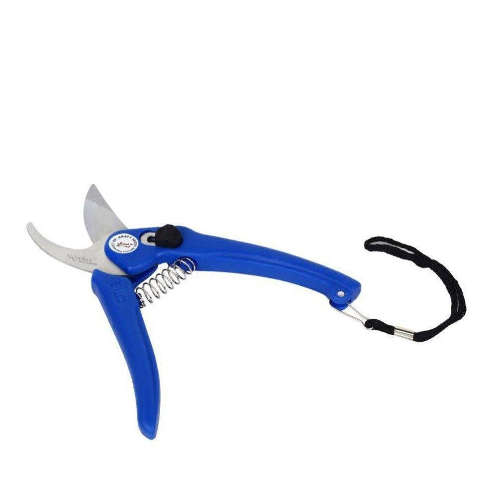 Garden pruning shears with blue handle, silver blades, and black safety lanyard