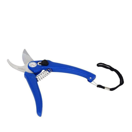 Garden pruning shears with blue handle, silver blades, and black safety lanyard