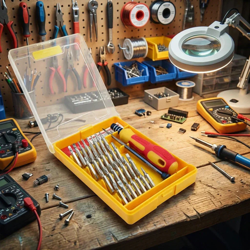 Precision magnetic screwdriver set in yellow case with metal bits and tools