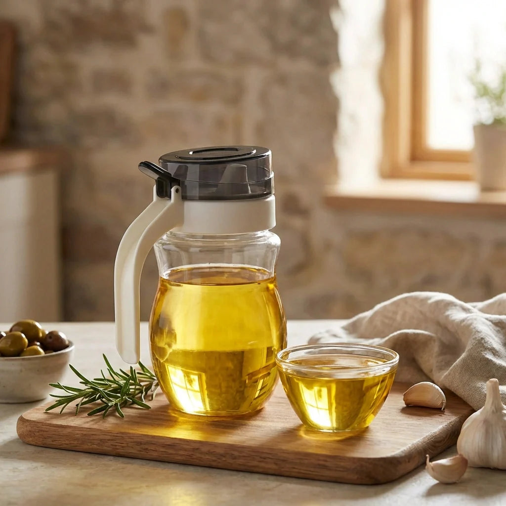 Glass oil dispenser with black lid and curved spout, amber oil visible
