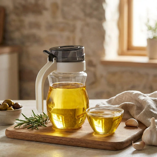 Glass oil dispenser with black lid and curved spout, amber oil visible