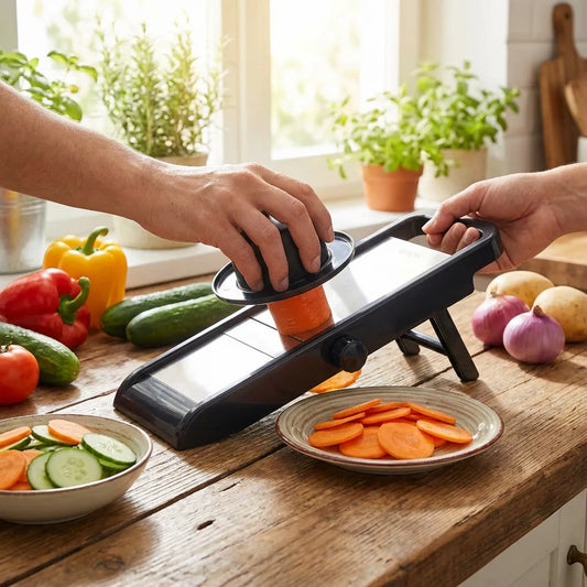 Adjustable food slicer with black handle blade over sliced vegetables on a countertop
