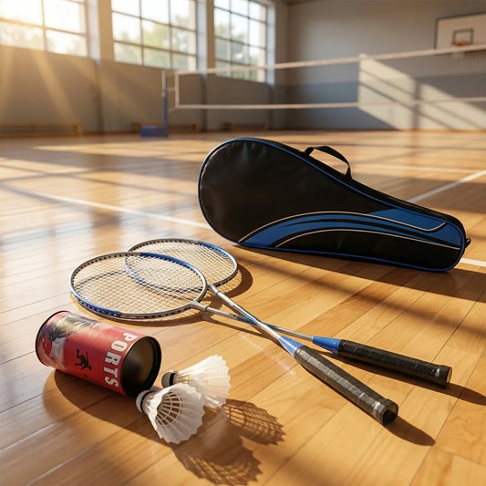Badminton set items: racket, shuttlecocks, shuttle tube, and racket case