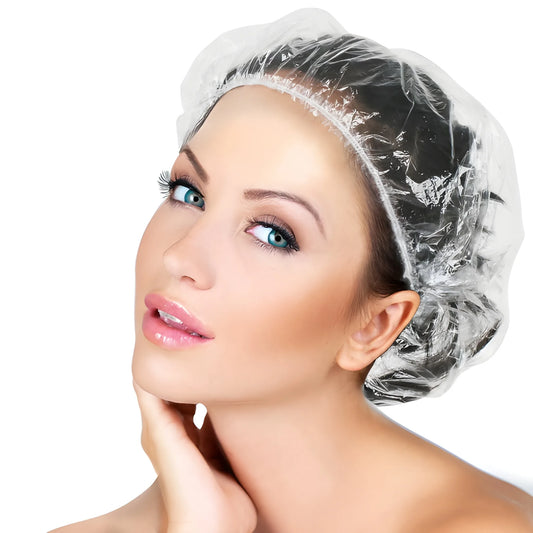 Disposable shower cap made of clear plastic, covering hair and edges