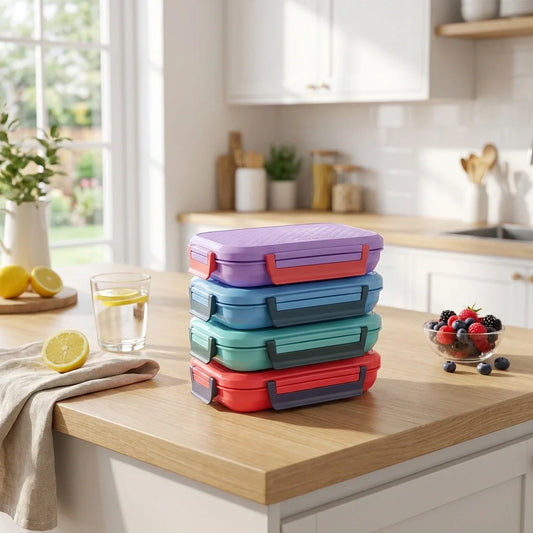 Stack of steel lunch boxes with colorful lids and red latch closure