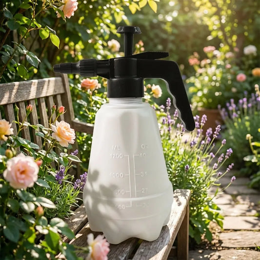 1.5 L pressure spray bottle with black trigger sprayer and white reservoir