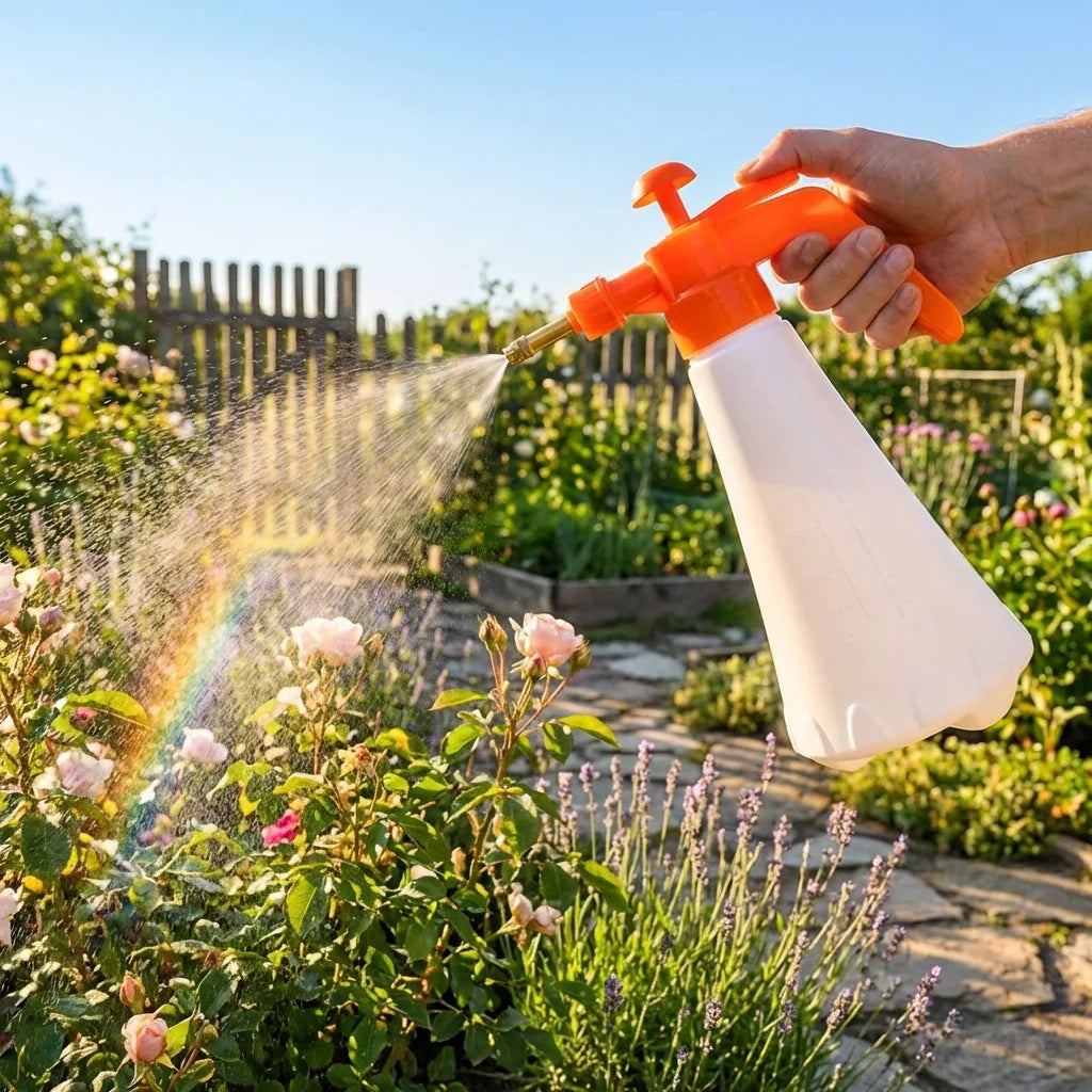 Hand holding orange-trigger pressure sprayer bottle misting a garden bed
